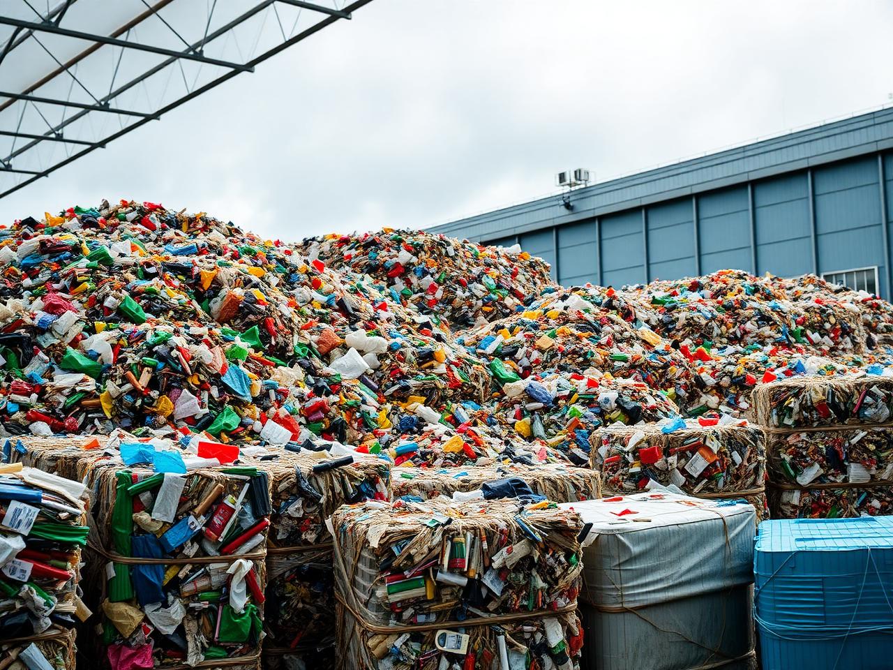 Bales of sorted plastic waste ready for processing